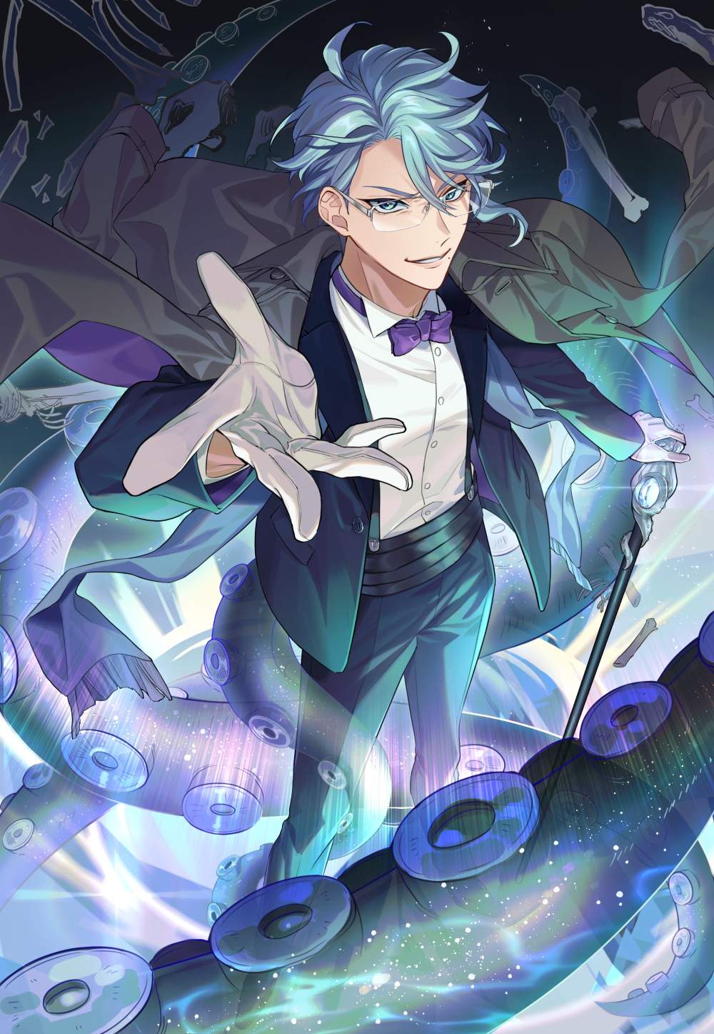 1boy, aqua_eyes, aqua_hair, azul_ashengrotto, black_suit, bone, bow, bowtie