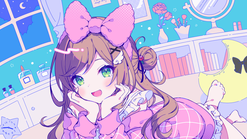 1girl, bad_feet, barefoot, bookshelf, bottle, bow, brown_hair, cabinet, candle, clock, collar, commentary_request, crescent_moon, curtains, flower, frilled_collar, frills, haduki_yunana, hair_bow, hair_bun, hair_ornament, hands_on_own_chin, highres, indie_virtual_youtuber, indoors, long_hair, long_sleeves, lying, makeup_brush, mirror, moon, moon-shaped_pillow, official_art, on_stomach, pajamas, picture_frame, pillow, pink_bow, red_flower, red_rose, rose, single_side_bun, solo, star_(sky), star_(symbol), tatejima_uri, tree, vase, virtual_youtuber, window, wing_hair_ornament, x_hair_ornament