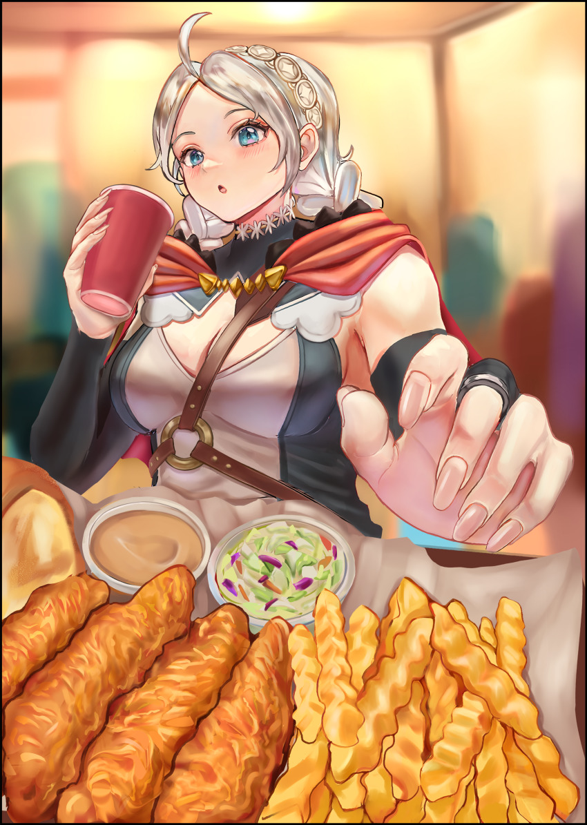 1girl, absurdres, ahoge, axeloust, black_bridal_gauntlets, blue_eyes, braid, breasts, bridal_gauntlets, buttons, capelet, chest_harness, chicken_(food), chicken_fingers, choker, coleslaw, commission, commissioner_upload, cowlick, crinkle-cut_fries, cup, fast_food, fire_emblem, fire_emblem_fates, flower_choker, food, foreshortening, french_fries, fried_chicken, hairband, harness, highres, holding, holding_cup, hood, hooded_capelet, indoors, leather, long_hair, low_twin_braids, medium_breasts, nina_(fire_emblem), nintendo, non-web_source, o-ring, open_mouth, parted_bangs, raising_cane's_chicken_fingers, red_capelet, red_hood, sauce, solo_focus, turtleneck, twin_braids, two-tone_shirt, white_choker, white_hair, white_hairband