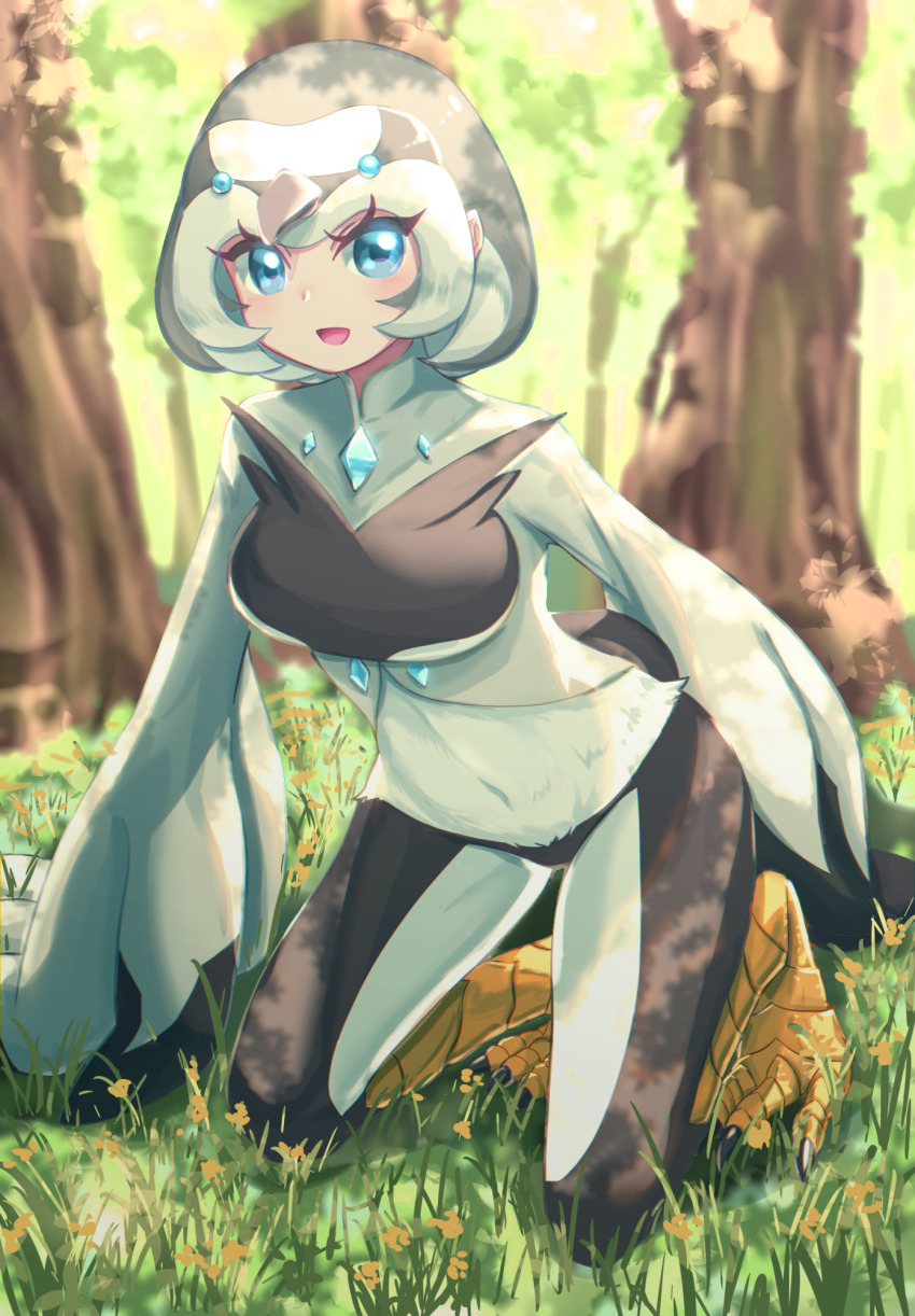 1girl, bird_hood, bird_legs, black_hair, blue_eyes, blush, breasts, commentary_request, duel_monster, flower, forest, gem, grass, harpy, highres, hood, kneeling, looking_at_viewer, lyrilusc_-_celestine_wagtail, medium_breasts, monster_girl, multicolored_hair, nature, open_mouth, solo, talons, towofuya, two-tone_hair, white_hair, winged_arms, wings, yellow_flower, yu-gi-oh!