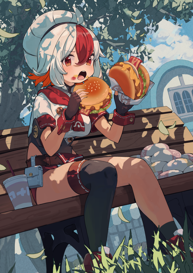 1girl, ahoge, bench, black_thighhighs, burger, commentary_request, day, eating