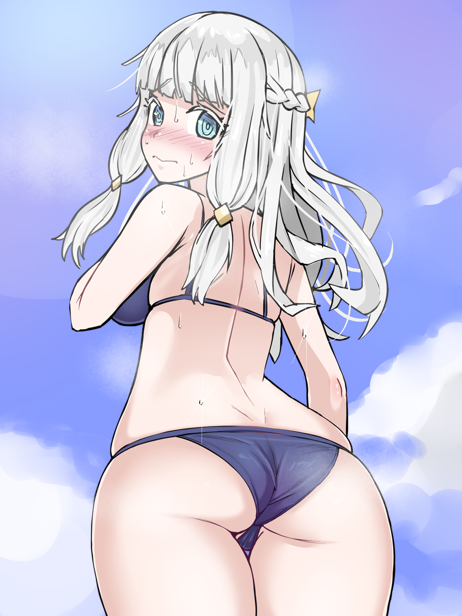 1girl, @_@, aqua_hair, ass, back, beatrice_(rune_factory), bikini, black_bikini, blush, breasts, cowboy_shot, day, from_behind, glint, highres, large_breasts, long_hair, looking_at_viewer, looking_back, nose_blush, outdoors, rune_factory, rune_factory_5, sirachi, skindentation, solo, swimsuit, white_hair
