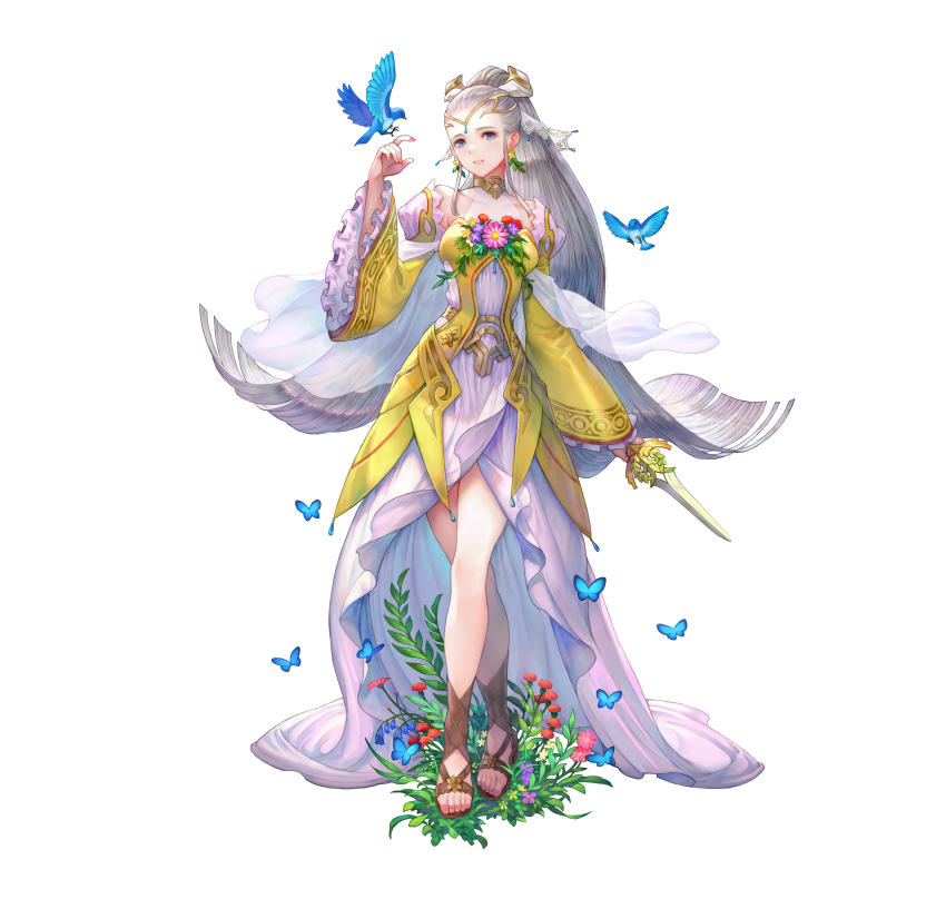 1girl, absurdres, alternate_costume, animal, bird, blue_eyes, breasts, bug, butterfly, commentary_request, covered_collarbone, dagger, detached_sleeves, dress, earrings, eir_(fire_emblem), eir_(life_ascendant)_(fire_emblem), fire_emblem, fire_emblem_heroes, flower, flower_earrings, frills, full_body, gold_trim, grey_hair, haccan, hair_ornament, highres, holding, holding_weapon, insect, jewelry, knife, long_dress, long_hair, looking_at_viewer, medium_breasts, nintendo, official_art, parted_lips, ponytail, sandals, see-through_clothes, simple_background, smile, standing, tiara, toeless_footwear, toes, very_long_hair, weapon, white_background, wide_sleeves