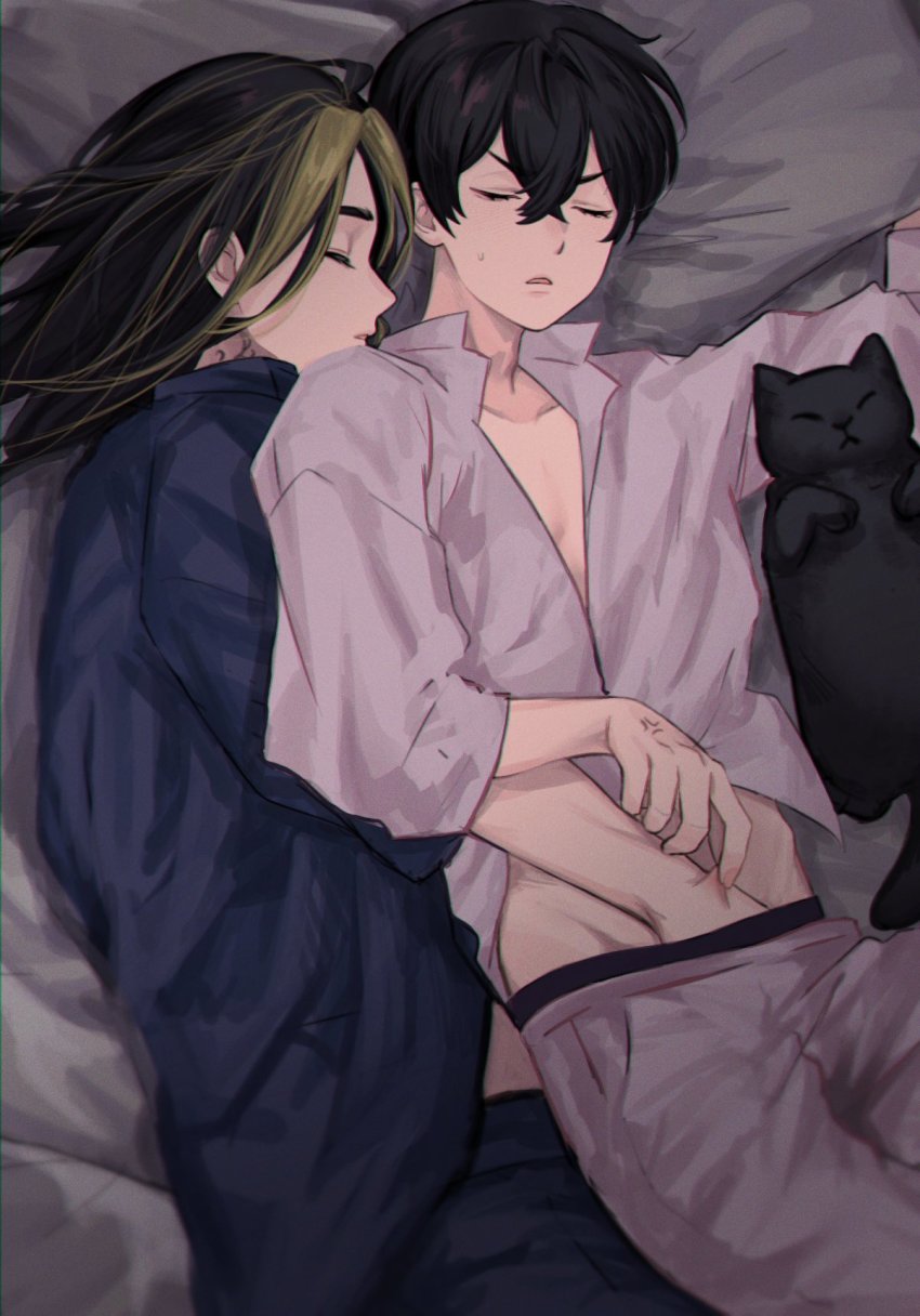 2boys, animal, bed, blonde_hair, blue_pajamas, blue_pants, blue_shirt, briefs, cat, character_request, clothes_lift, grey_pajamas, grey_shirt, hair_between_eyes, hanemiya_kazutora, highres, long_hair, long_sleeves, male_focus, male_underwear, mito_(jinzero), multicolored_hair, multiple_boys, pajamas, pants, shirt, shirt_lift, sleeping, tokyo_revengers, two-tone_hair, underwear, yaoi