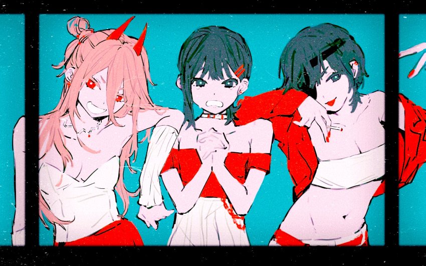 alternate_costume, bare_shoulders, black_hair, blue_background, breasts, chain, chainsaw_man, choker