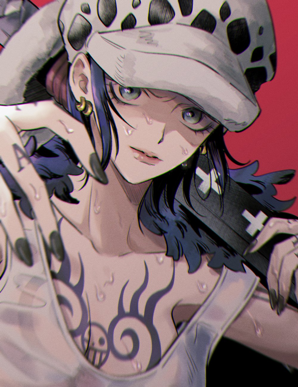 1girl, black_nails, blue_hair, breasts, chest_tattoo, coat, coat_on_shoulders, earrings