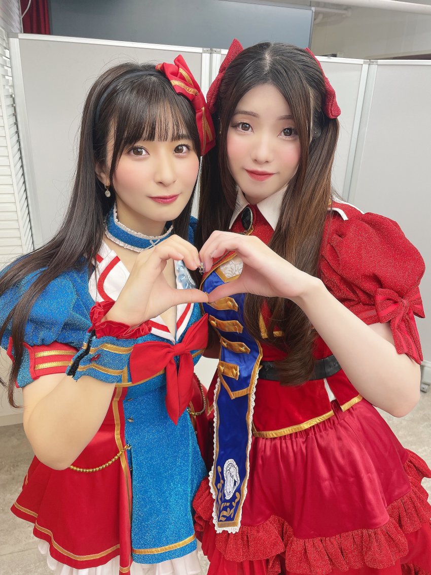 2girls, absurdres, dress, heart, heart_hands, highres, junjou_no_afilia, konno_yuzuki