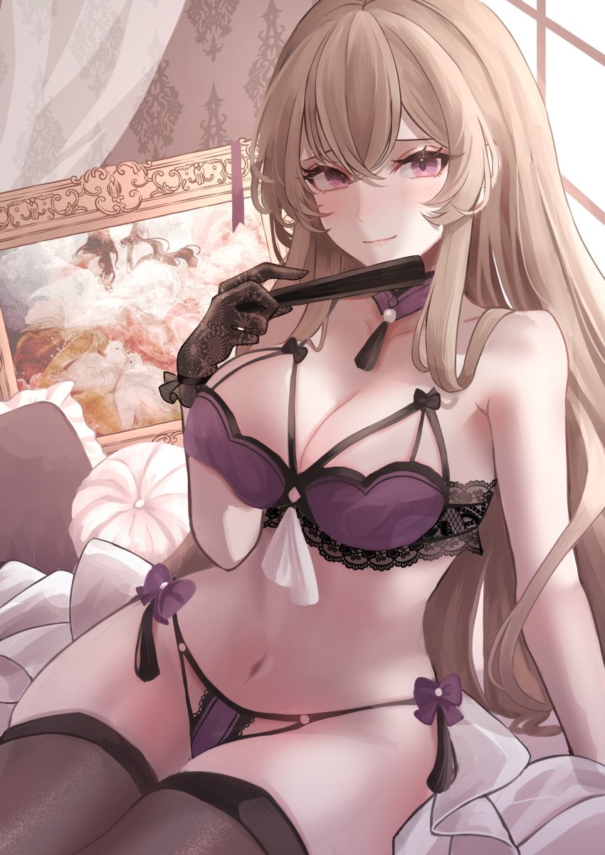 1girl, absurdres, bare_shoulders, blonde_hair, bra, breasts, cleavage, curtains