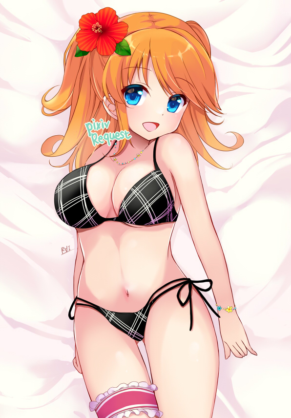 1girl, :d, artist_name, bare_arms, bare_legs, bare_shoulders, barefoot, bikini