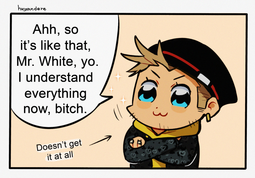 1boy, :3, animification, bkub_(style), black_hat, blue_eyes, border, breaking_bad, brown_hair, chibi, crossed_arms, crossover, english_text, hat, highres, huyandere, i_understand_everything_now_(meme), jesse_pinkman, meme, parody, poptepipic, profanity, solo, white_border