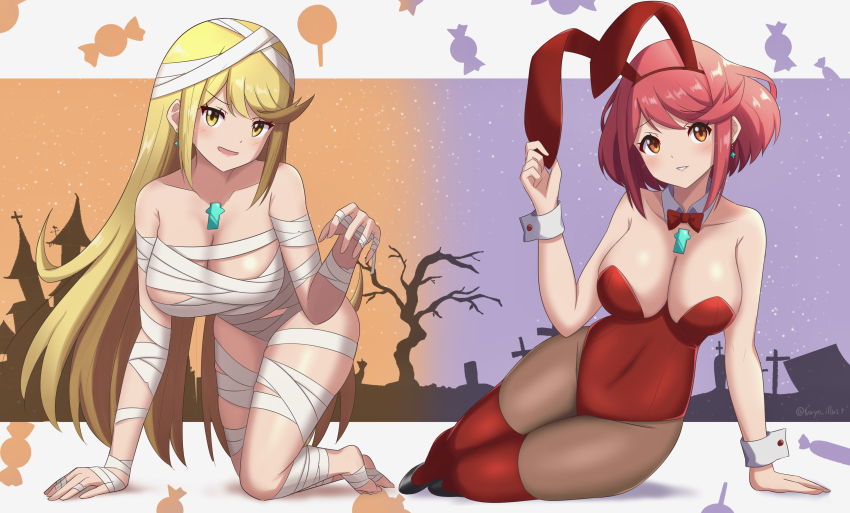 2girls, absurdres, alternate_costume, animal_ears, arm_support, bandages, blonde_hair, bow