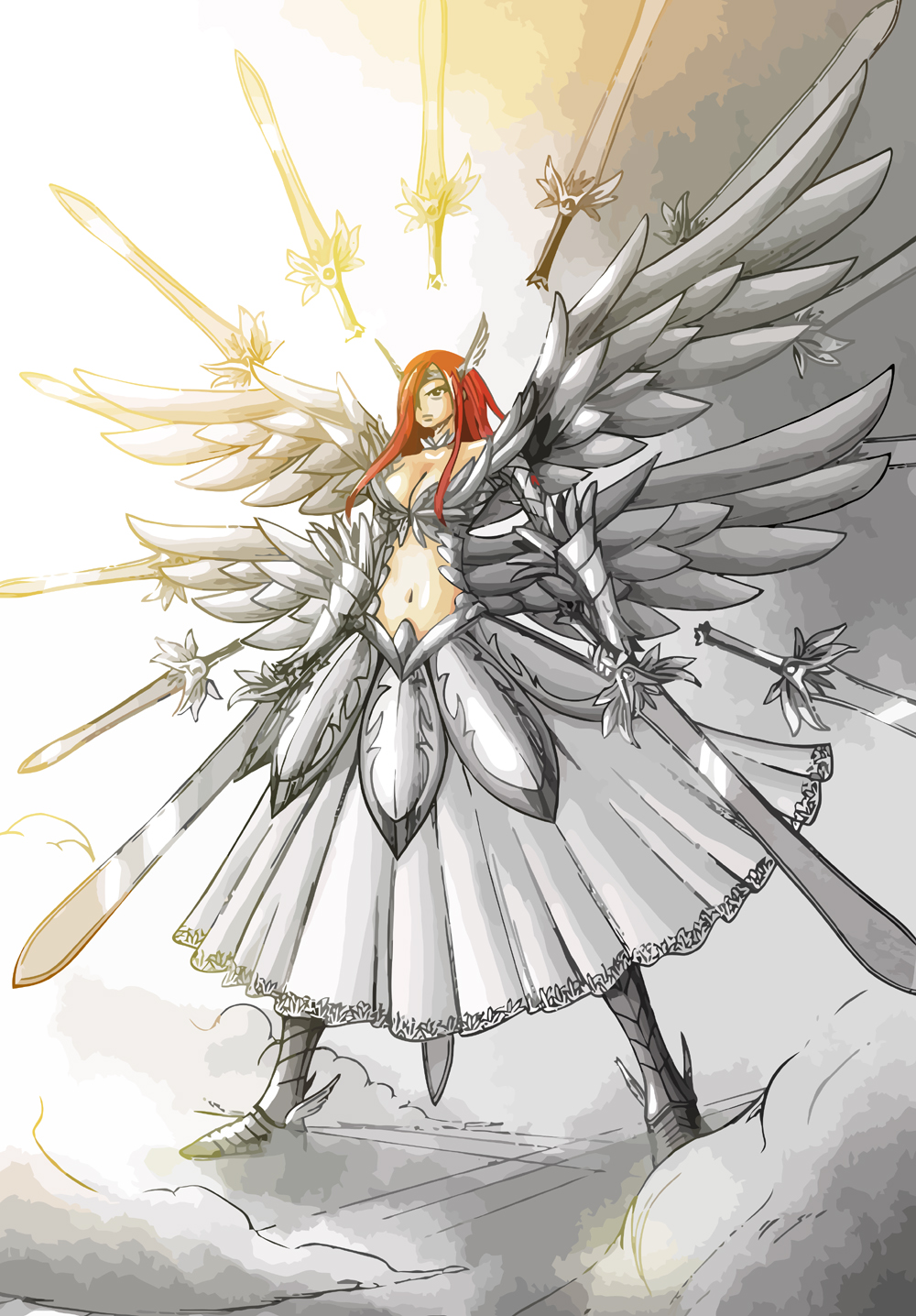 1girl, angry, armor, armored_dress, breasts, cleavage, dress, echoes1, erza_scarlet, fairy_tail, female_focus, gauntlets, hair_over_one_eye, highres, ko->u, large_breasts, long_hair, md5_mismatch, midriff, navel, red_hair, resized, resolution_mismatch, sbalac, solo, source_smaller, sword, upscaled, weapon