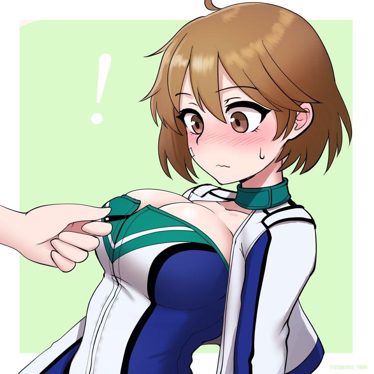 !, 1girl, bandaid, bandaid_on_face, blush, breasts, brown_eyes, brown_hair, cypress_(hinokidou), kantai_collection, large_breasts, nose_blush, oboro_(kancolle), oboro_(race_queen)_(kancolle), official_alternate_costume, race_queen, short_hair, solo_focus, upper_body, zipper, zipper_pull_tab