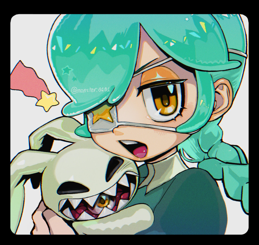 1girl, annie_(skullgirls), black_border, border, braid, eyepatch, eyeshadow, green_hair