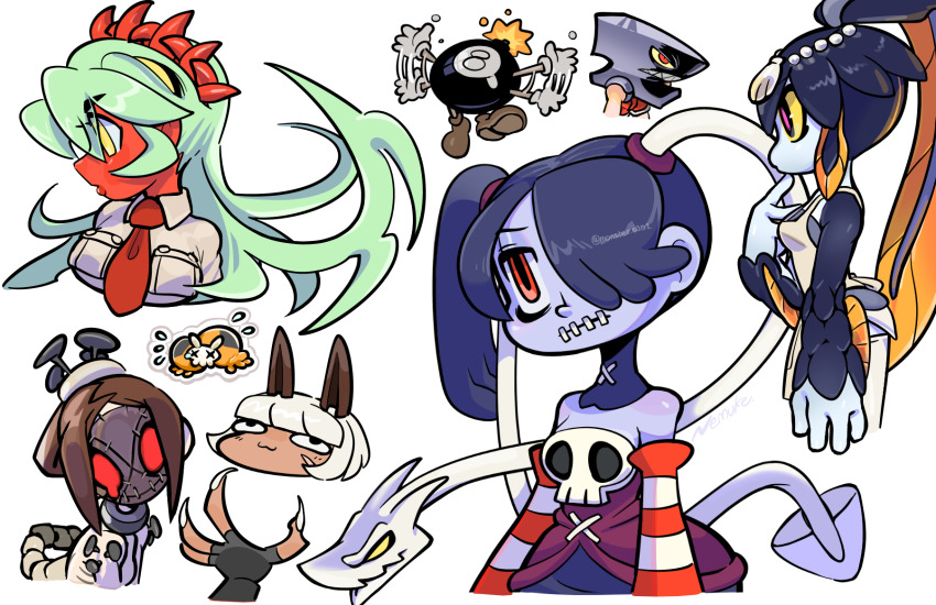 5girls, alternate_color, andy_anvil, blue_hair, blue_skin, brown_hair, chibi, colored_skin