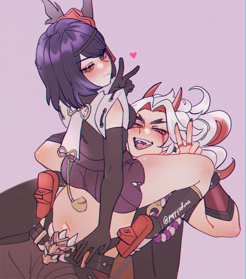 1boy, 1girl, absurdres, arataki_itto, belt, black_belt, black_gloves, black_shirt