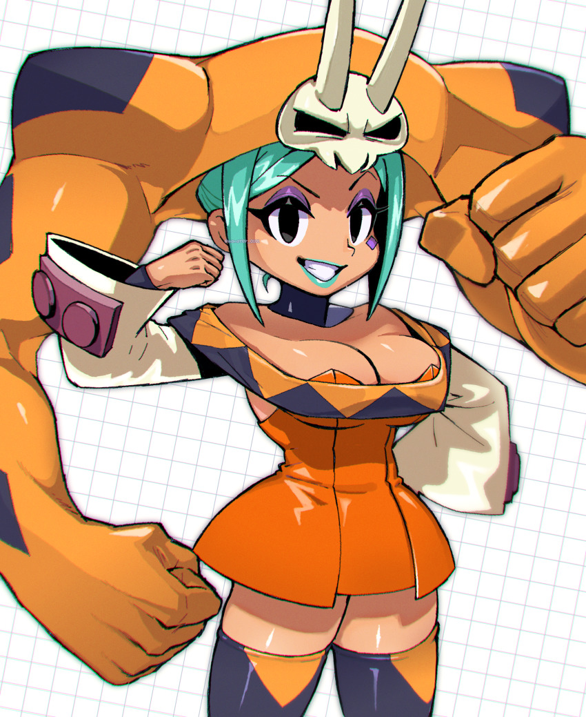 1girl, absurdres, bare_shoulders, black_boots, black_eyes, boots, breasts, cerebella_(skullgirls)