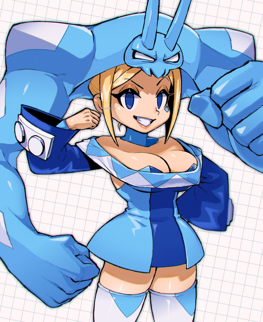 1girl, absurdres, alternate_color, bare_shoulders, blonde_hair, blue_eyes, boots, breasts, cerebella_(skullgirls), cleavage, collarbone, dress, grin, hand_on_own_hip, highres, large_breasts, lips, long_sleeves, looking_at_viewer, monster_0101, nemuken, parted_lips, short_dress, short_hair, sidelocks, skullgirls, smile, solo, teeth, thigh_boots, twitter_username, vice-versa_(skullgirls), white_boots