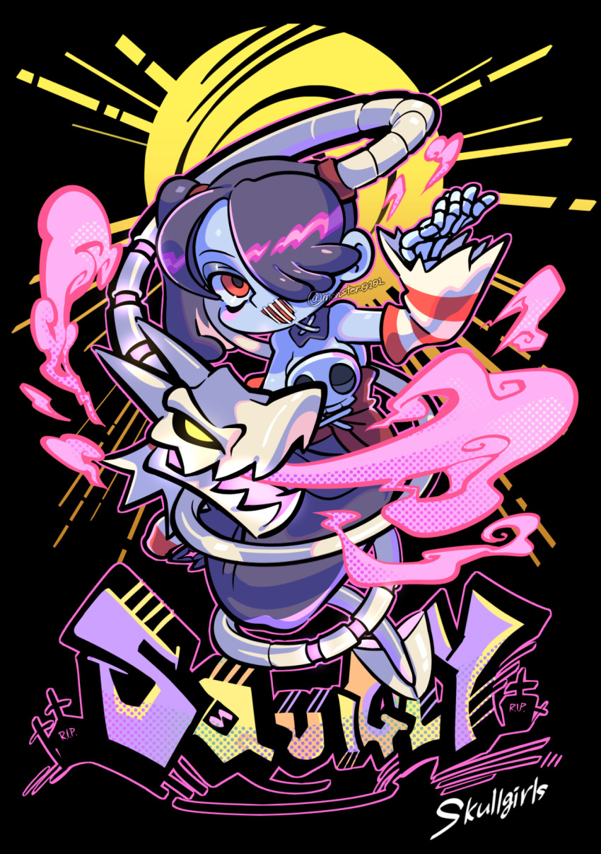 1girl, black_background, blue_hair, blue_skin, blush_stickers, character_name, colored_skin, copyright_name