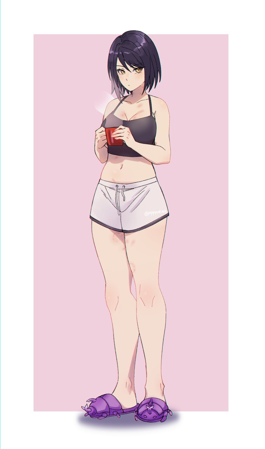 1girl, absurdres, black_camisole, black_hair, border, breasts, camisole, cleavage