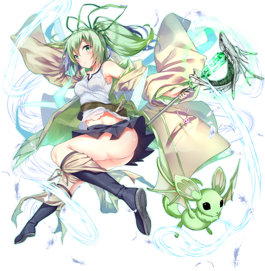 1girl, ass, black_footwear, black_skirt, breasts, brown_cloak, cloak, commentary_request, duel_monster, gem, green_eyes, green_hair, hair_between_eyes, hair_ribbon, highres, holding, holding_staff, kneehighs, long_hair, looking_at_viewer, navel, ribbed_shirt, ribbon, shirt, simple_background, skirt, small_breasts, socks, staff, thighs, white_background, white_shirt, wide_sleeves, wynn_(yu-gi-oh!), wynn_the_wind_charmer, wynn_the_wind_charmer_verdant, yu-gi-oh!, yukishiro_arte