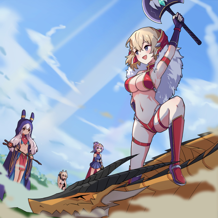4girls, :d, absurdres, animal_ears, animal_hood, arm_up, armlet, armor
