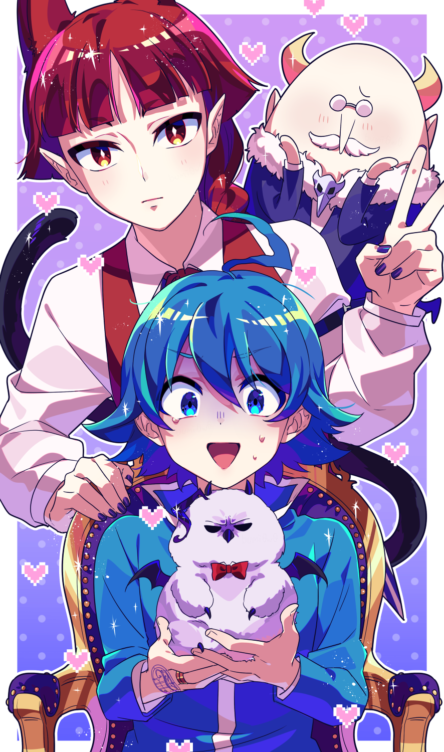 4boys, ahoge, alternate_form, animal_ears, artist_request, bald, blue_hair, blue_nails