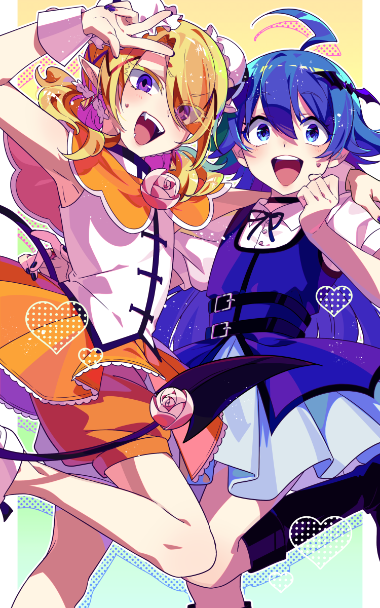 2boys, :d, ahoge, bat_hair_ornament, blonde_hair, blue_hair, bumi0w0, clenched_hand, crossdressing, crossdressing_(mtf), demon_tail, double_bun, hair_bun, hair_ornament, hand_up, heart, highres, mairimashita!_iruma-kun, medium_hair, multiple_boys, nail_polish, open_mouth, pointy_ears, purple_eyes, purple_nails, shax_lied, short_hair, smile, suzuki_iruma, sweatdrop, tail, white_footwear, wrist_cuffs, yellow_background