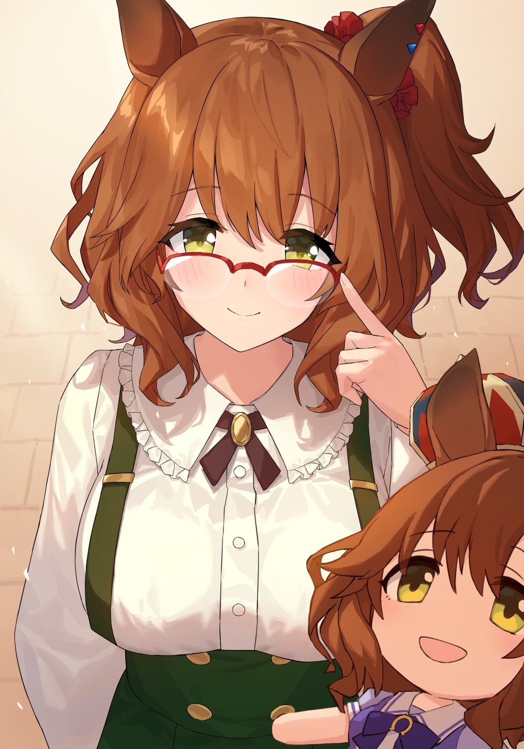 1girl, adjusting_eyewear, animal_ears, aston_machan_(casual)_(umamusume), aston_machan_(umamusume), blush, brown_hair, brown_ribbon