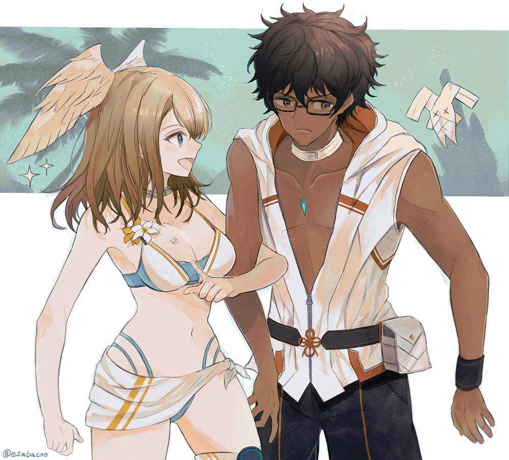 1boy, 1girl, bikini, breast_tattoo, breasts, chest_jewel, cleavage, dark-skinned_male