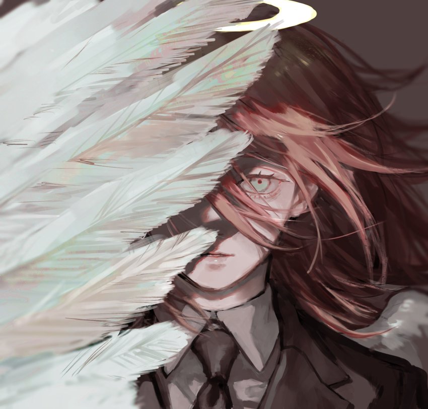 1boy, angel_devil_(chainsaw_man), angel_wings, black_necktie, chainsaw_man, collared_shirt, feathered_wings, feathers