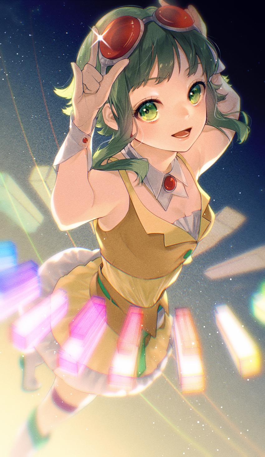 1girl, absurdres, arms_up, breasts, brown_jacket, cleavage, detached_collar, goggles, goggles_on_head, green_eyes, green_hair, gumi, highres, jacket, miniskirt, short_hair_with_long_locks, sidelocks, skirt, sleeveless, sleeveless_jacket, small_breasts, solo, suzuri_suzuna, thigh_strap, vocaloid, white_footwear, wing_collar, yellow_skirt