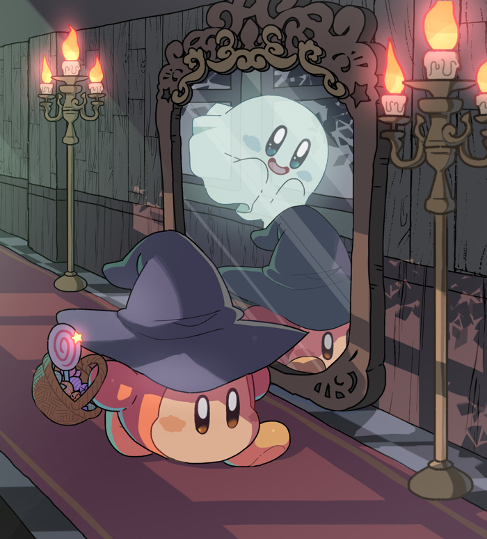 black_headwear, brown_eyes, candle, candlestand, different_reflection, ghost, ghost_kirby, hat, hoshikuzu_pan, kirby, kirby_(series), looking_at_another, looking_away, mirror, nintendo, reflection, waddle_dee, witch_hat