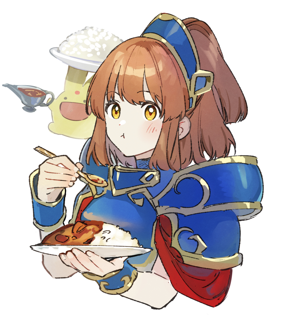 1girl, arle_nadja, armor, blue_armor, brown_eyes, brown_hair, carbuncle_(puyopuyo), closed_mouth, eating, food, holding, holding_plate, holding_spoon, lirio_(nikori9), looking_at_viewer, plate, ponytail, puyopuyo, short_hair, short_ponytail, sidelocks, spoon