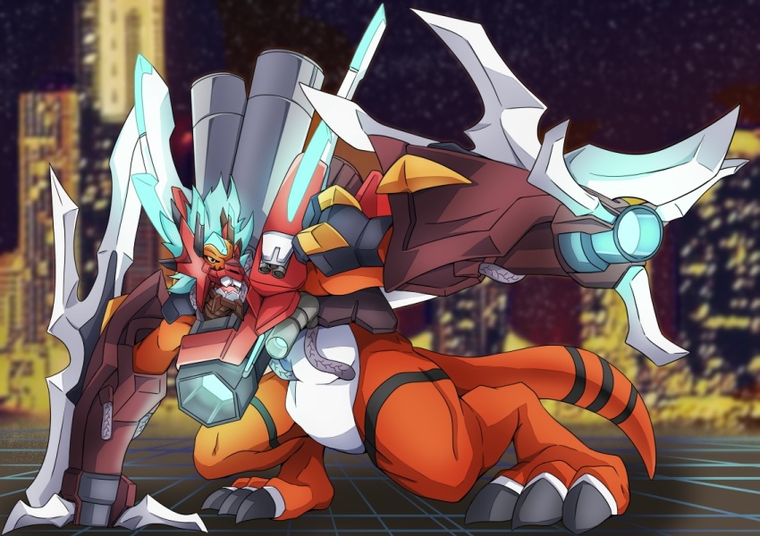 armor, cannon, claws, digimon, megalogrowmon, megalogrowmon_x-antibody, tail, white_hair