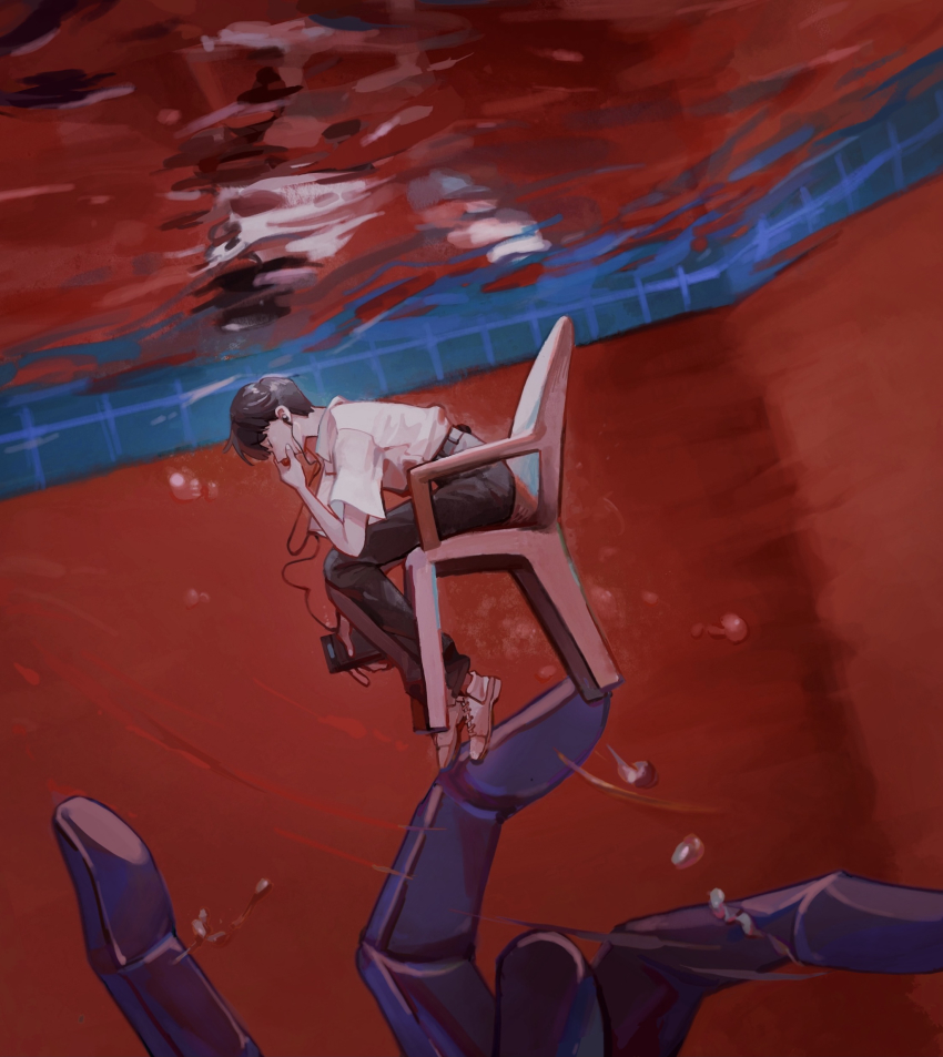 absurdres, belt, black_pants, chair, eva_01, headphones, highres, ikari_shinji