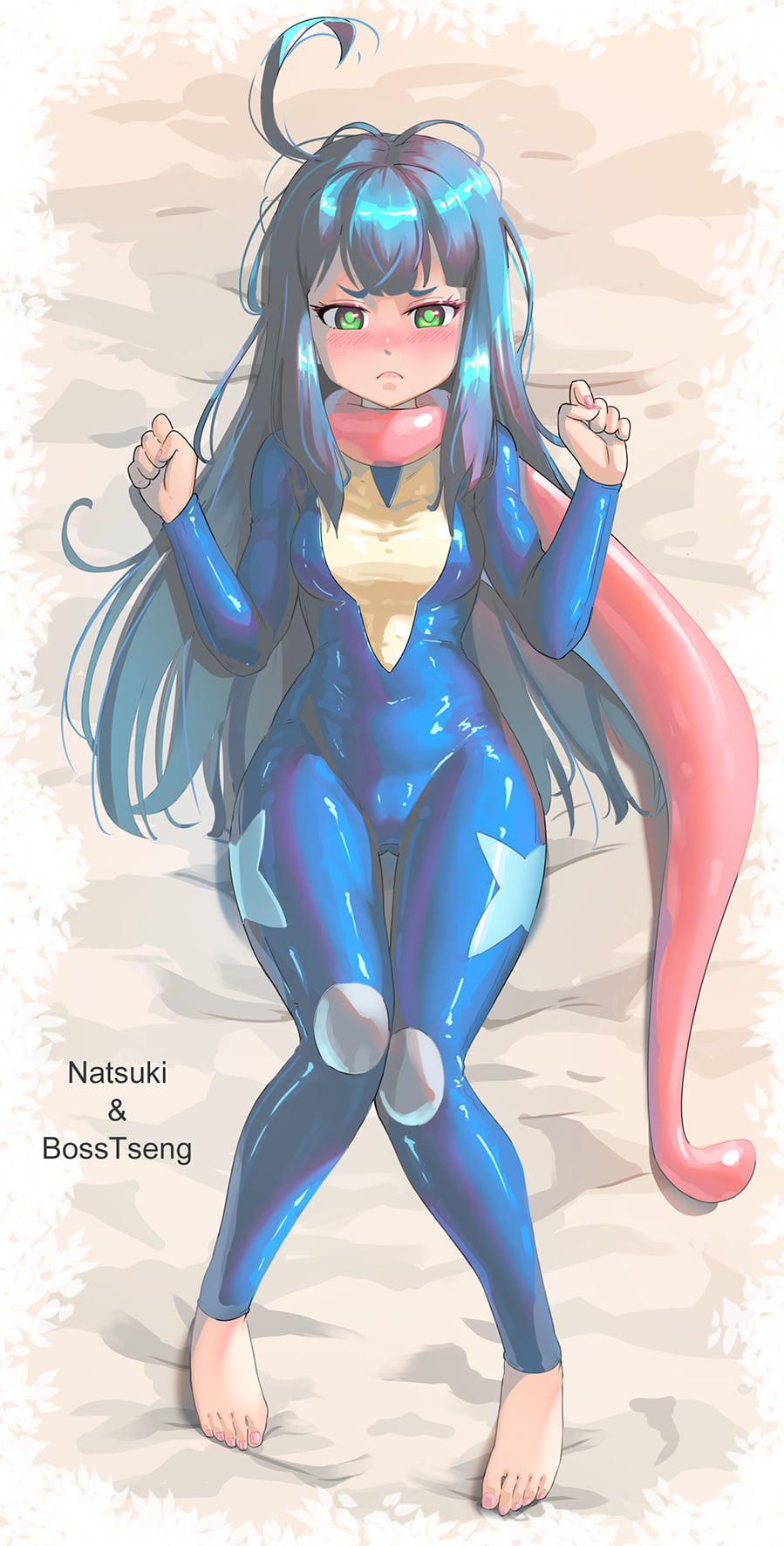 1girl, ahoge, artist_name, blue_bodysuit, blue_hair, blush, bodysuit, bosstseng