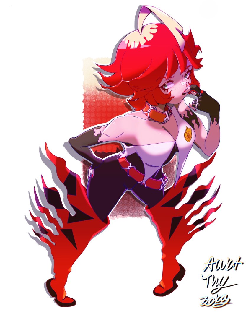 1girl, artist_name, aurathyzora, bare_shoulders, belt, black_bodysuit, black_lips, bob_cut, bodysuit, boots, breasts, cleavage, collar, detached_sleeves, fiery_clothing, finger_in_own_mouth, freckles, gloves, green_eyes, hand_on_own_hip, highres, loose_belt, mela_(pokemon), multicolored_hair, naranja_academy_(emblem), nintendo, orange_belt, orange_boots, orange_collar, partially_fingerless_gloves, pokemon, pokemon_scarlet_and_violet, red_hair, short_hair, team_star, thigh_boots, twitter_username