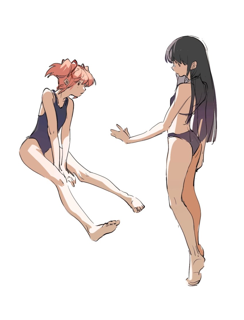 2girls, akemi_homura, alternate_costume, ass, bikini, blue_one-piece_swimsuit, from_side, heel_up