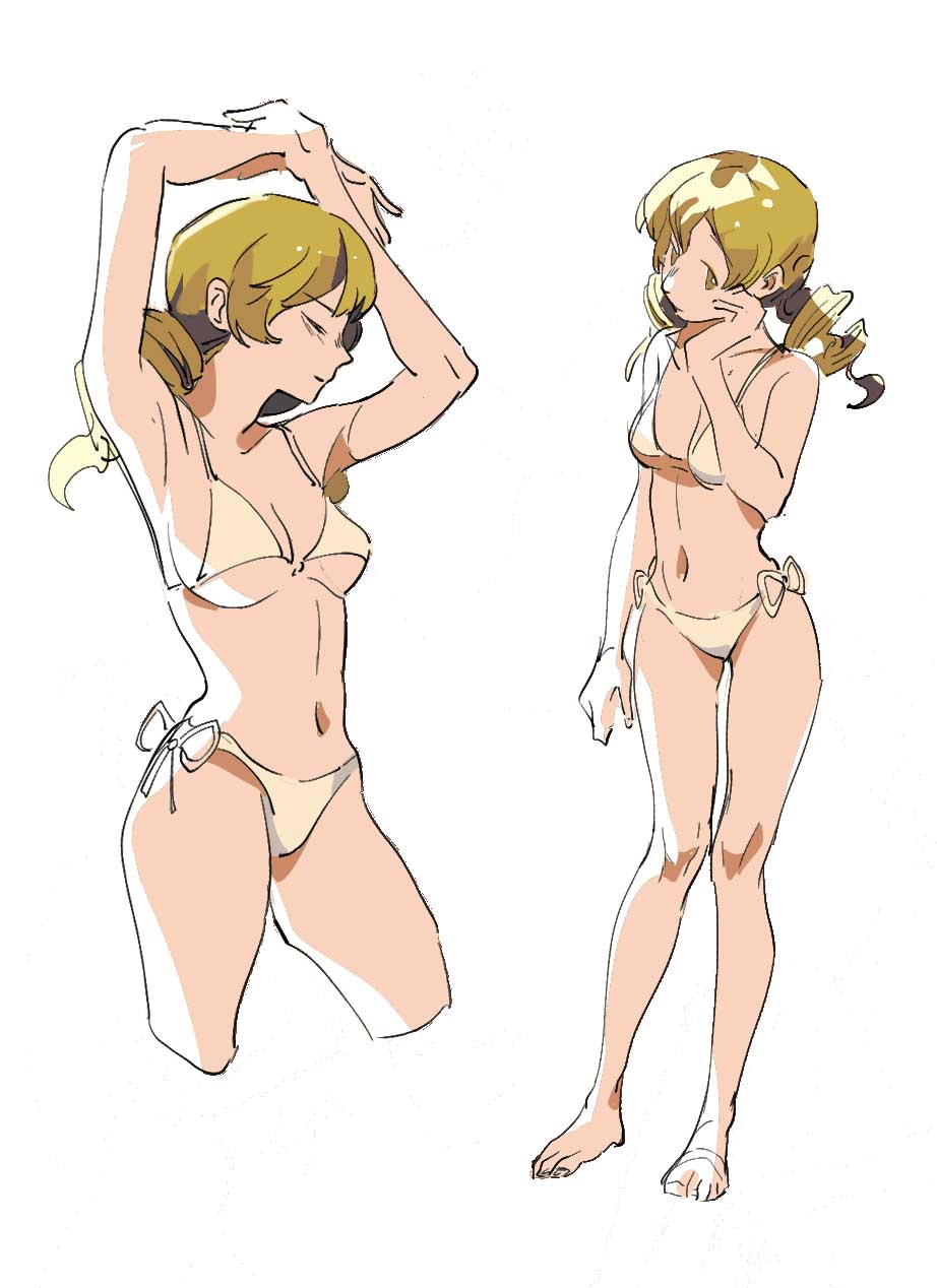 1girl, armpits, arms_up, bikini, blonde_hair, breasts, cleavage, closed_eyes, cropped_legs, drill_hair, hand_on_own_cheek, hand_on_own_face, highres, looking_at_viewer, mahou_shoujo_madoka_magica, mahou_shoujo_madoka_magica_(anime), medium_breasts, multiple_views, navel, sanyang003, side-tie_bikini_bottom, sketch, string_bikini, swimsuit, thighs, tomoe_mami, twin_drills, yellow_bikini, yellow_eyes