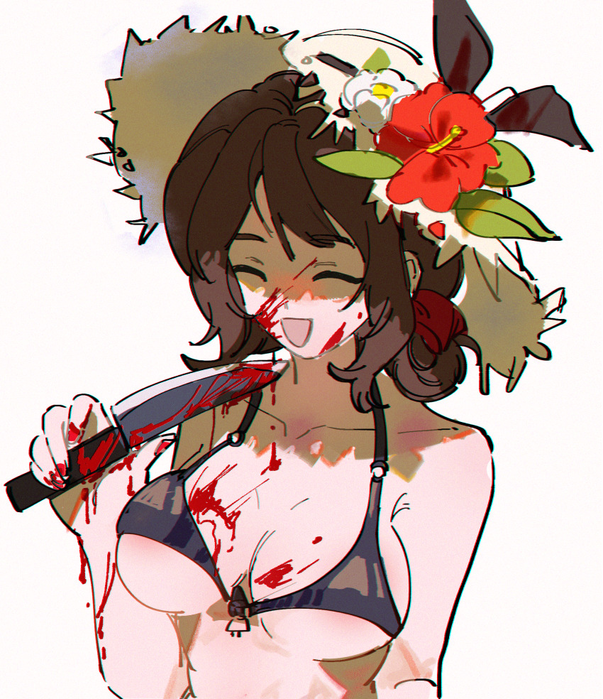1girl, bikini, black_bikini, blood, blood_on_breasts, blood_on_face, bloody_knife, brown_hair