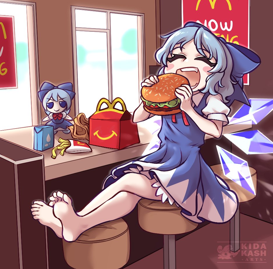 1girl, :d, ^_^, barefoot, blue_bow, blue_dress, blue_hair, blush, bow, burger, character_doll, cirno, closed_eyes, collar, crossed_legs, doll, dress, eating, embodiment_of_scarlet_devil, fairy_wings, fang, feet, food, fumo_(doll), hair_bow, happy_meal, ice, ice_wings, kidakash, legs, mcdonald's, open_mouth, puffy_short_sleeves, puffy_sleeves, self-upload, short_dress, short_hair, short_sleeves, smile, soles, touhou, white_collar, wings