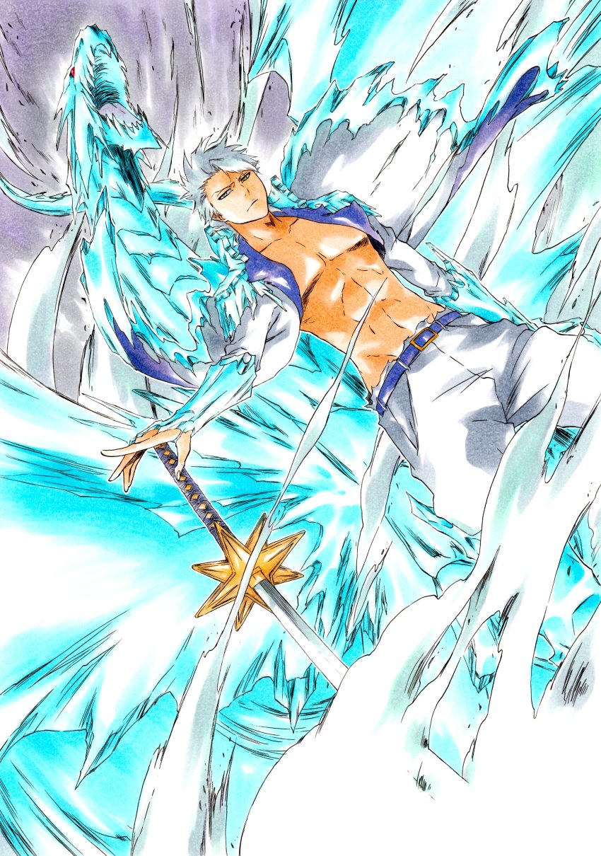 1boy, abs, absurdres, aged_up, bleach, bleach:_sennen_kessen-hen, cryokinesis, daiguren_hyourinmaru_(bankai)
