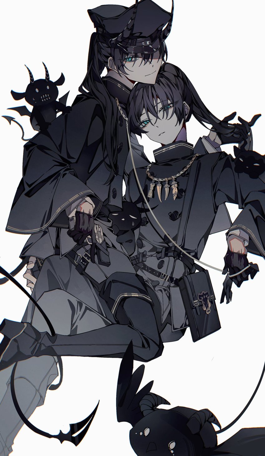 2boys, black_clover, black_hair, black_headwear, blue_eyes, demon, demon_horns, gun