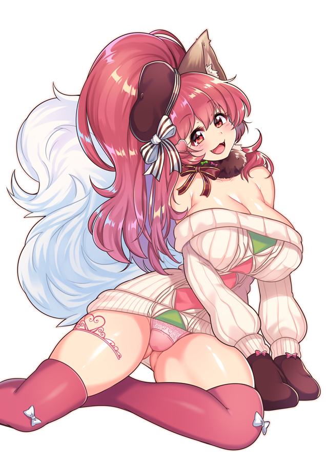 1girl, :3, :d, animal_ear_fluff, animal_ears, artist_collaboration, beret, big_hair