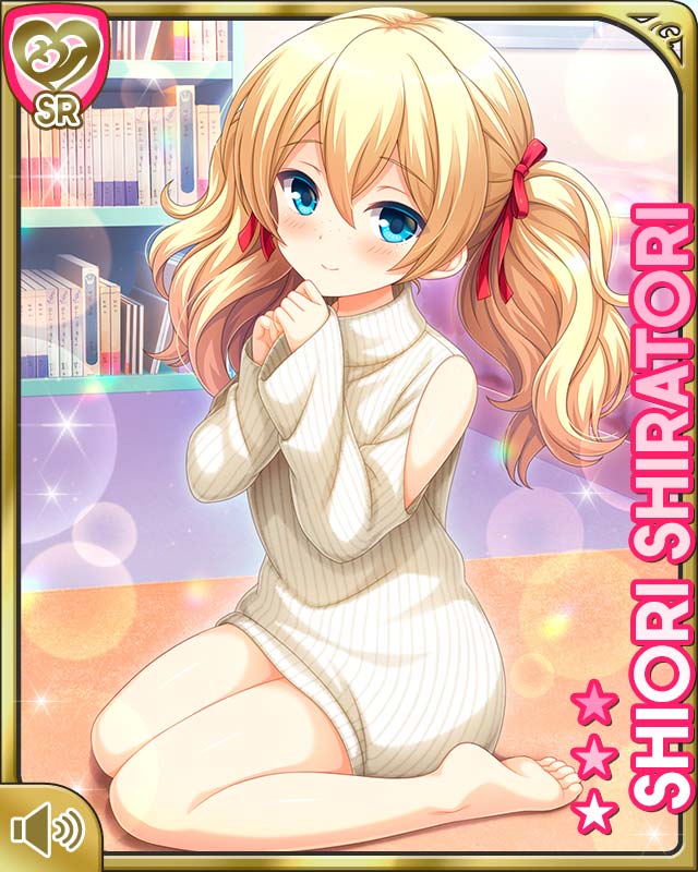 1girl, aqua_eyes, bare_legs, barefoot, blonde_hair, blue_eyes, blush, bottomless, card_(medium), character_name, closed_mouth, day, girlfriend_(kari), hair_ribbon, indoors, kneeling, official_art, qp:flapper, ribbon, shiratori_shiori, smile, solo, sweater, tagme, twintails, wavy_hair, white_sweater