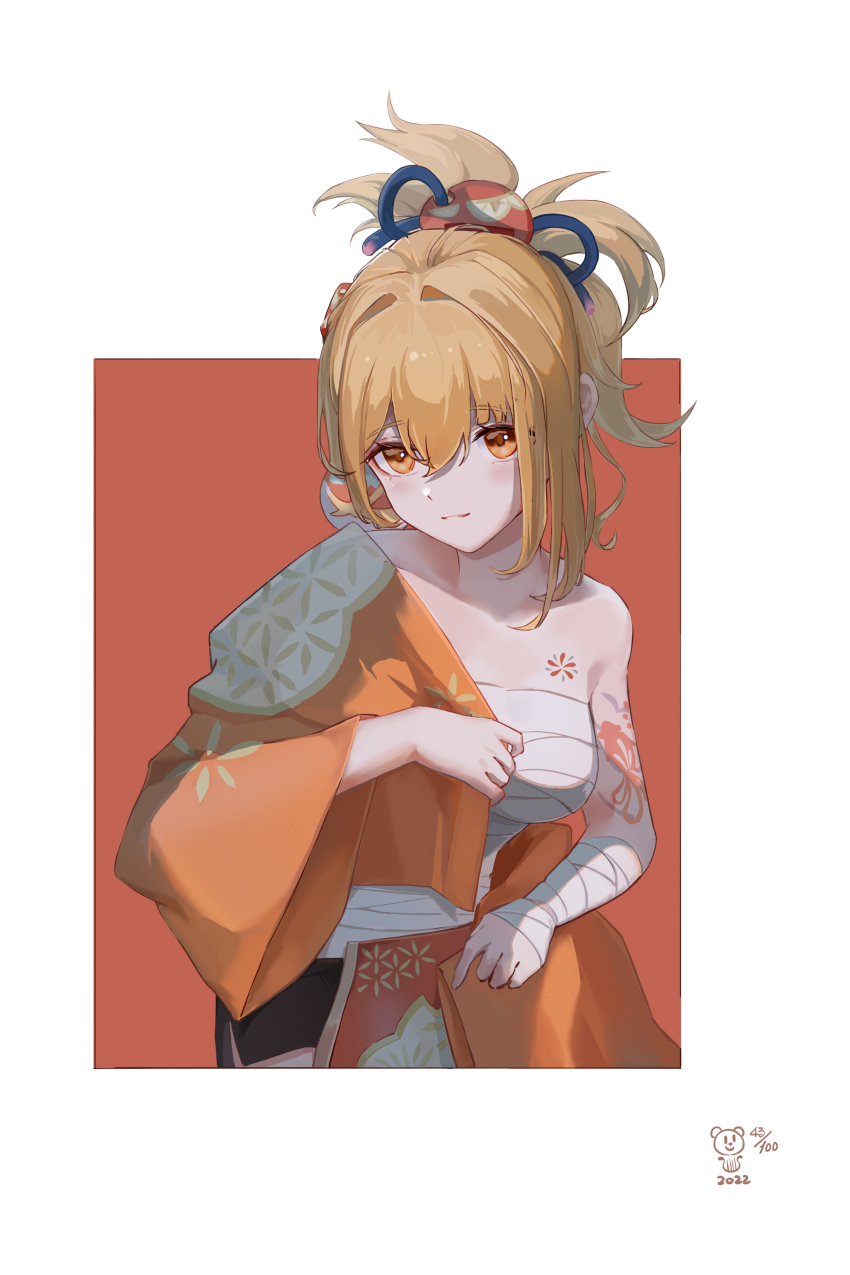 1girl, absurdres, bandages, bare_shoulders, bear_minstrel, black_skirt, blonde_hair, breasts