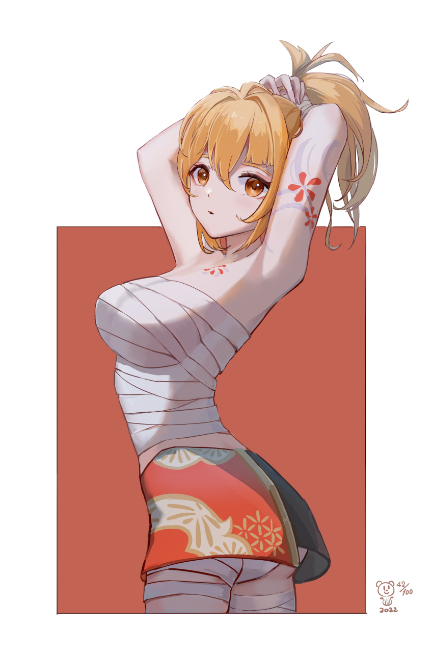 1girl, absurdres, arm_tattoo, armpits, arms_up, bandaged_leg, bandages, bare_shoulders