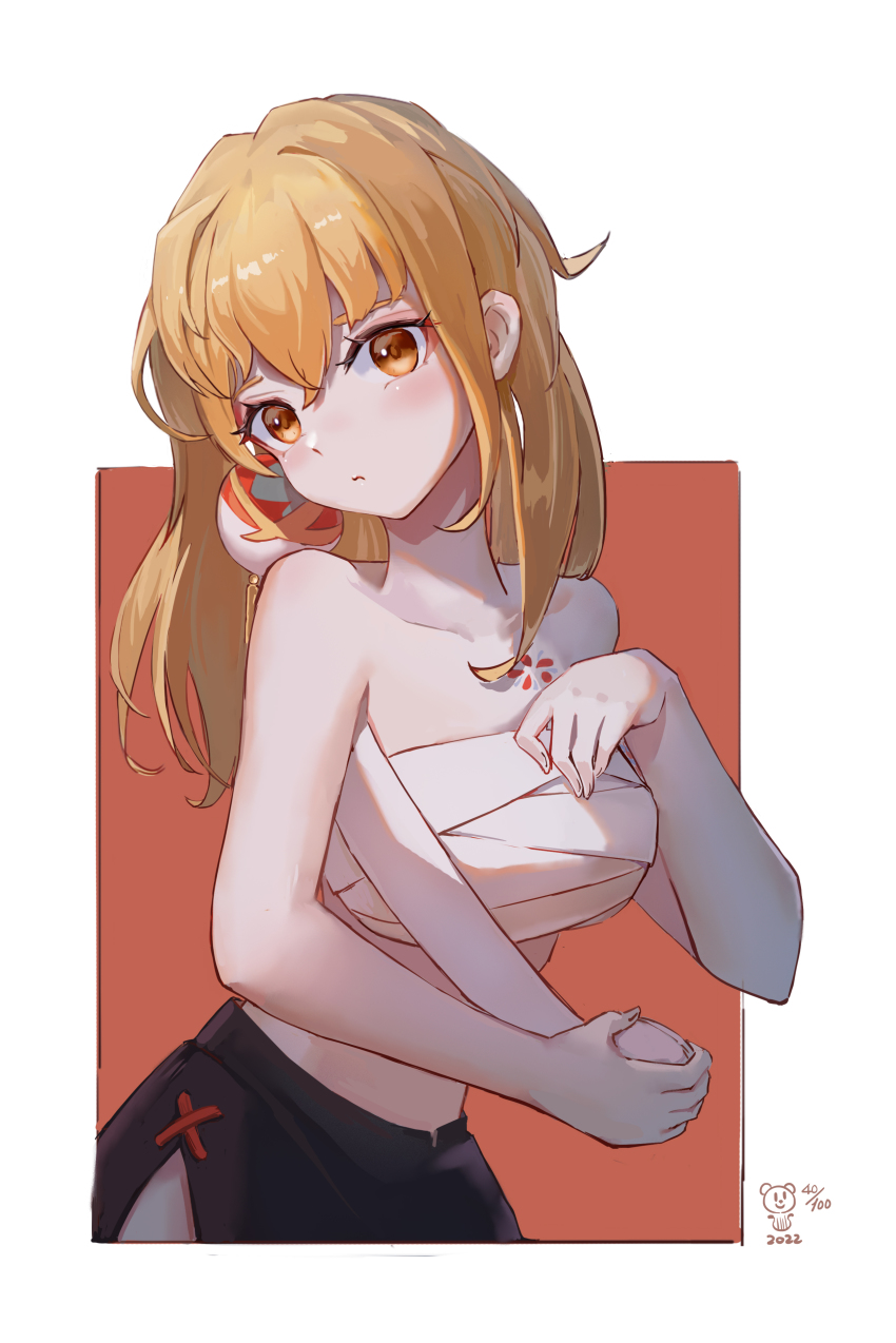 1girl, absurdres, alternate_hairstyle, bandages, bare_arms, bare_shoulders, bear_minstrel, black_skirt, blonde_hair, breasts, chest_sarashi, chest_tattoo, collarbone, commentary_request, genshin_impact, hair_down, head_tilt, highres, large_breasts, long_hair, looking_at_viewer, midriff, sarashi, skirt, solo, stomach, strapless, tattoo, tube_top, upper_body, white_background, yellow_eyes, yoimiya_(genshin_impact)