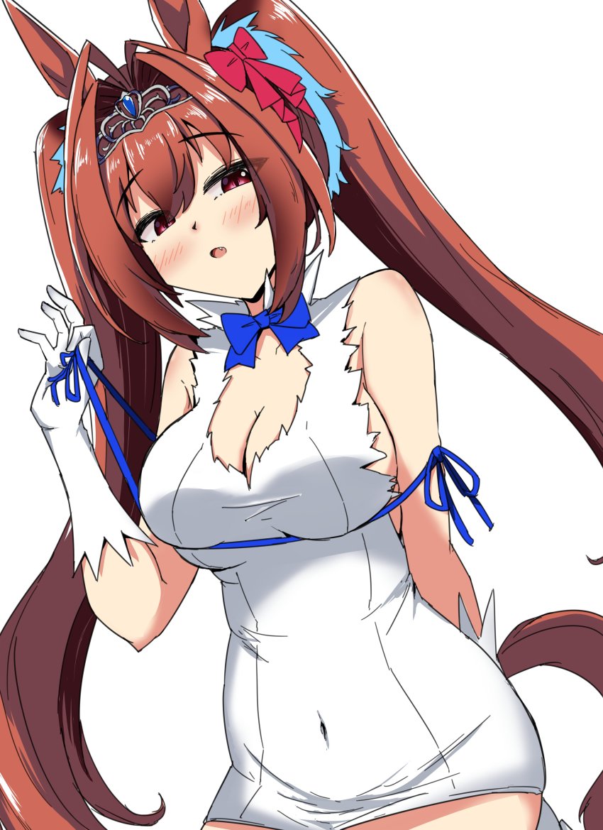 1girl, absurdres, animal_ears, blue_bow, bow, breasts, brown_hair, cleavage